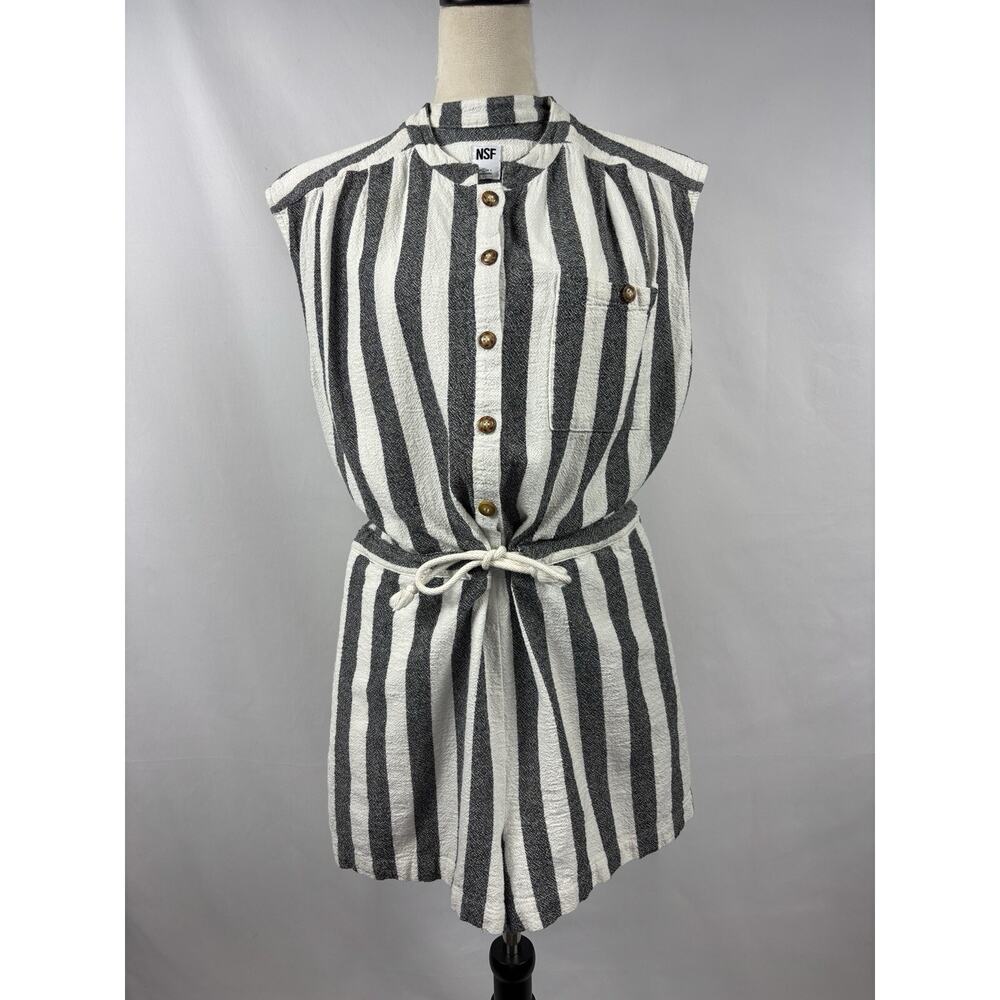 NSF Sue Romper White Blue Stripe Small Sleeveless Drawstring Waist Shorts